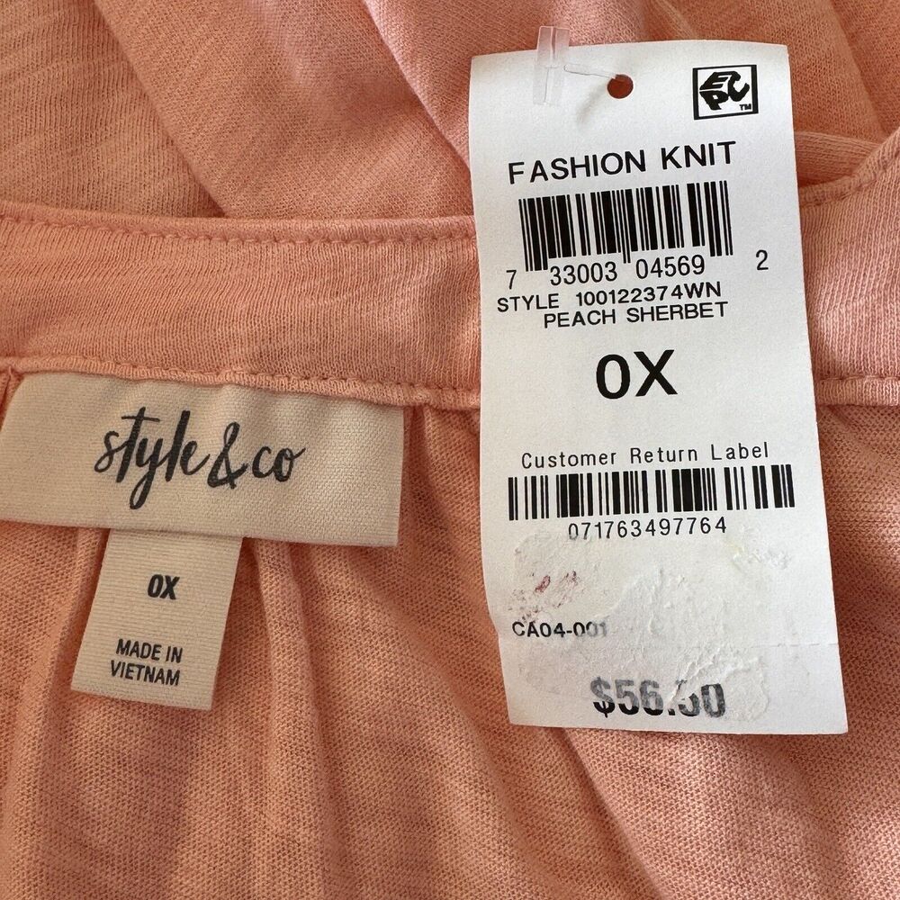Style & Co 0X-Large Top 3/4 Sleeves Square Pleated Neck Stretch Peach New - Picture 7 of 9